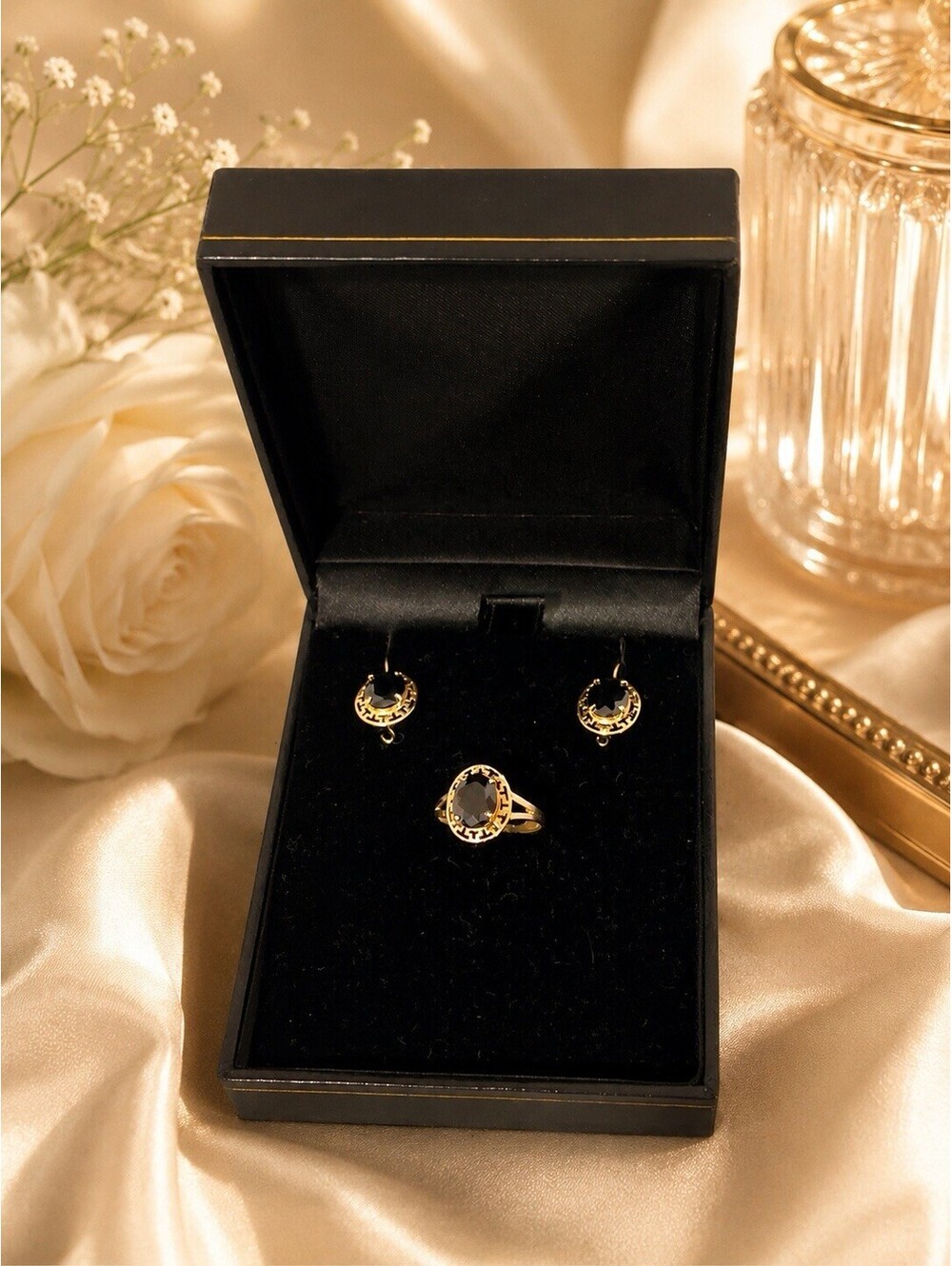 Vintage Style 14k Solid Gold Earrings And Ring Size 6 Set With Onyx Stone